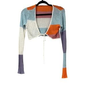 Y2K Crochet Tie Front Bolero Shrug Colorblock Festival Fairycore Womens L Summer
